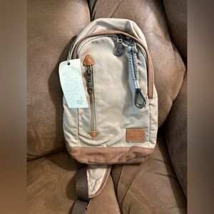 NEW! TSD Brand URBAN LIGHT COATED CANVAS SLING BAG in BEIGE — with leather